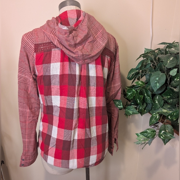 prAna Plaid Mixed-Print Hoodie Button-Up Shirt – Red/Maroon – Women’s Medium - Picture 3 of 8